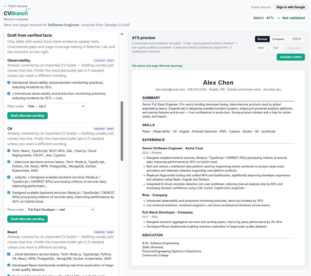 Screenshot of CVBranch — Evidence-Based Resume Tailor by Dany Trakhtenberg